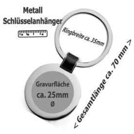 Metall-Schlüsselanhänger mit silberglänzendem Finish, schwarzer Kappe und Gravurfläche von ca. 25 mm Durchmesser. Gesamtlänge ca. 70 mm, Ringbreite ca. 35 mm, ideal für individuelle Gravuren und Fotos