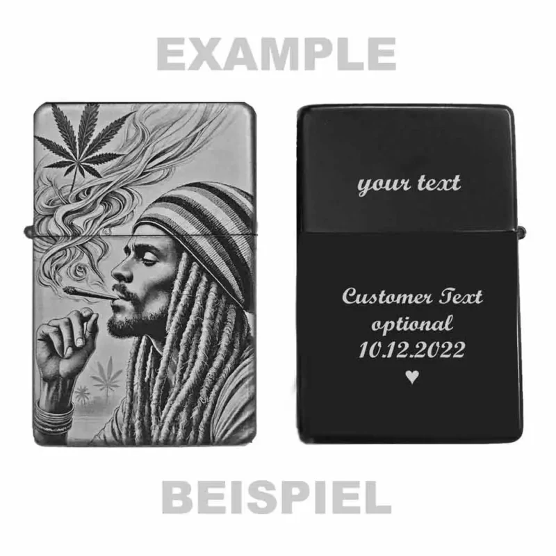 Beispiel für personalisierbares Feuerzeug mit Rasta-Gravur, ideal für Fans des Reggae-Lifestyles, optionaler Gravurtext wie 'Customer Text optional 10.12.2022