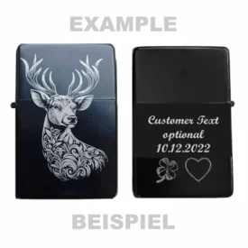 Personalisiertes Hirsch-Tattoo Feuerzeug mit Gravurtext-Option – stilvolles Accessoire mit edler Lasergravur