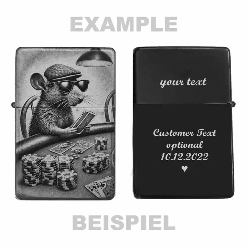 Beispiel für personalisierbares Poker-Feuerzeug mit Mausgravur, optionaler Text wie 'Customer Text optional 10.12.2022', kreatives Accessoire für Spieler