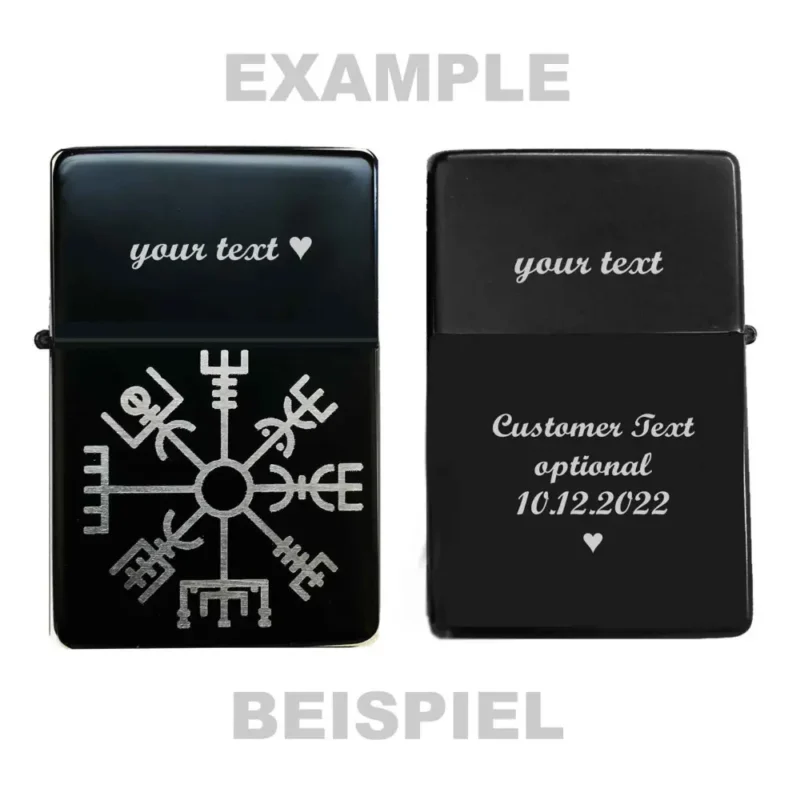 Beispiel Feuerzeug mit Gravur Vegvísir-Kompass, personalisiert mit individuellem Text auf Vorder- und Rückseite