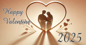 Any-Design wünscht einen schönen Valentinstag. Romantisches Valentinstagsbanner 2025 mit Herz-Design und einem verliebten Paar in einer warmen, goldenen Atmosphäre.