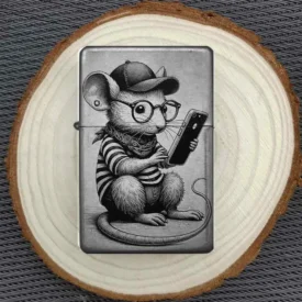 Feuerzeug mit daddelnder Maus, personalisiert, auf dekorativem Untergrund
