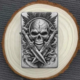 Knife Skull Feuerzeug auf Holzpräsentation mit Totenkopf-Design