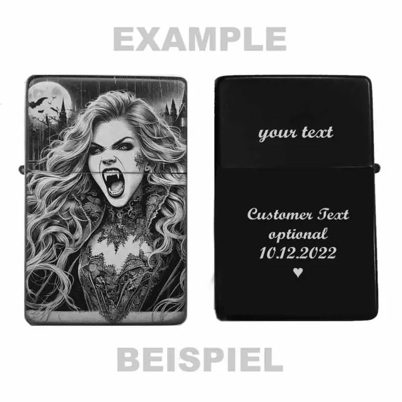 Scream Vampire Girl Feuerzeug – Beispiel für Gravur mit personalisiertem Text