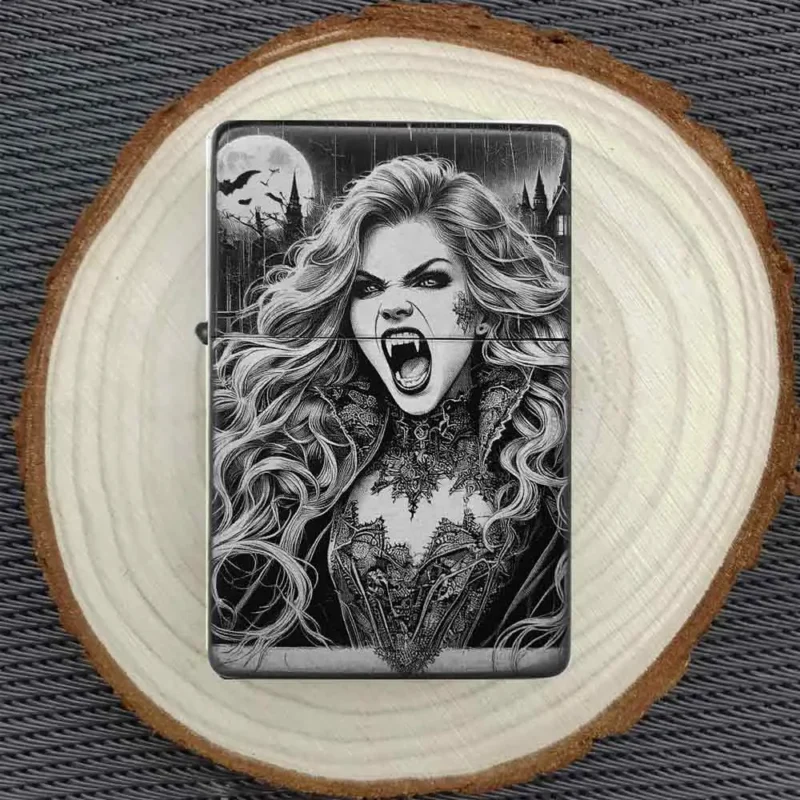 Scream Vampire Girl Feuerzeug auf Holzplatte mit düsterem Design